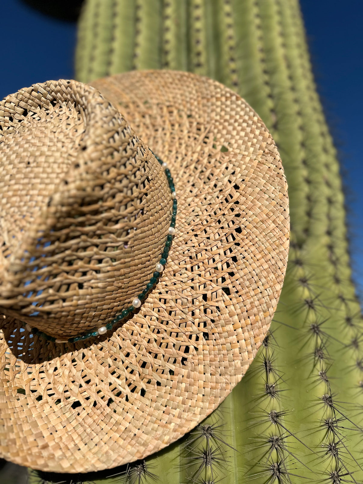 Blue Apatite and Freshwater Pearl Straw Rancher Hat