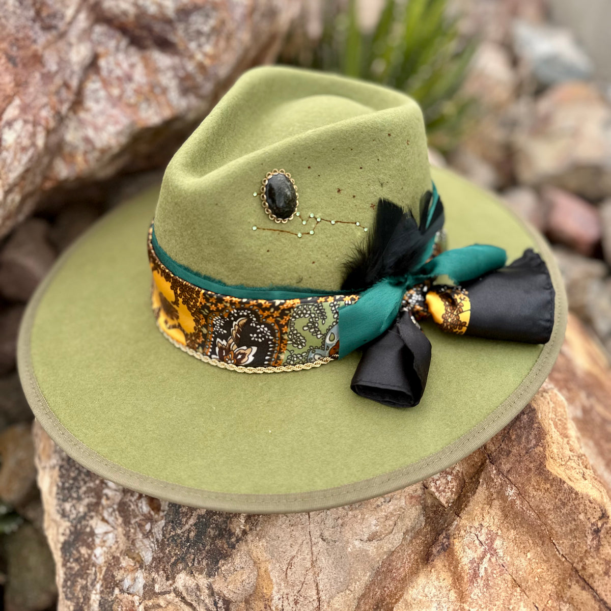 Women's Green Wool Western Cowboy Hat Celestial Western Design