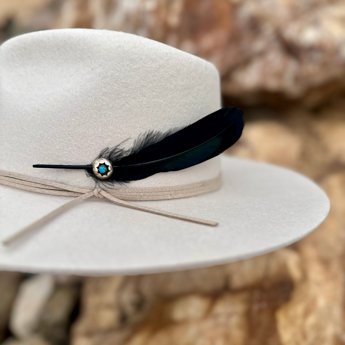 Upcycled Navajo Blue Opal and Black Feather Hat Pin Western Cowboy Hat Accessory