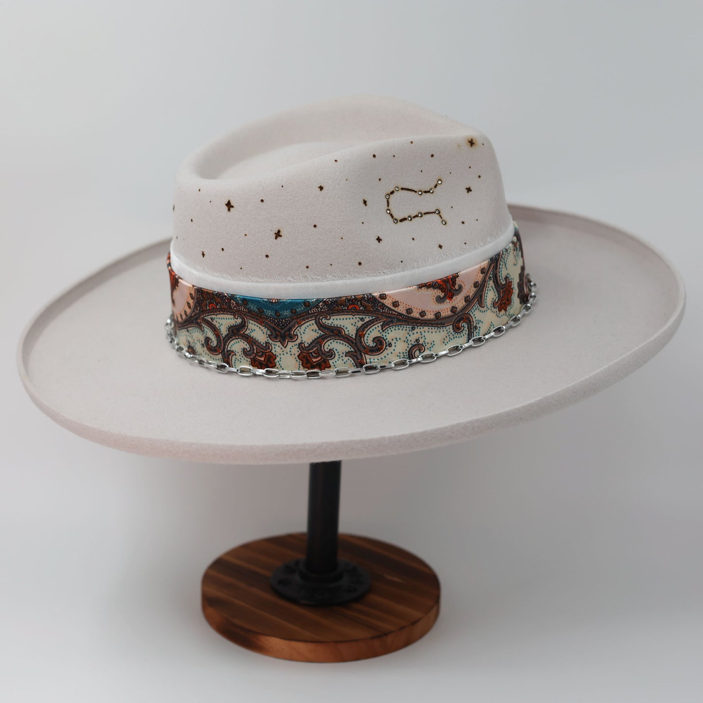 Handmade Gemini moonstone pearl birthstone hat. A meaningful zodiac gift with western, one-of-a-kind style.