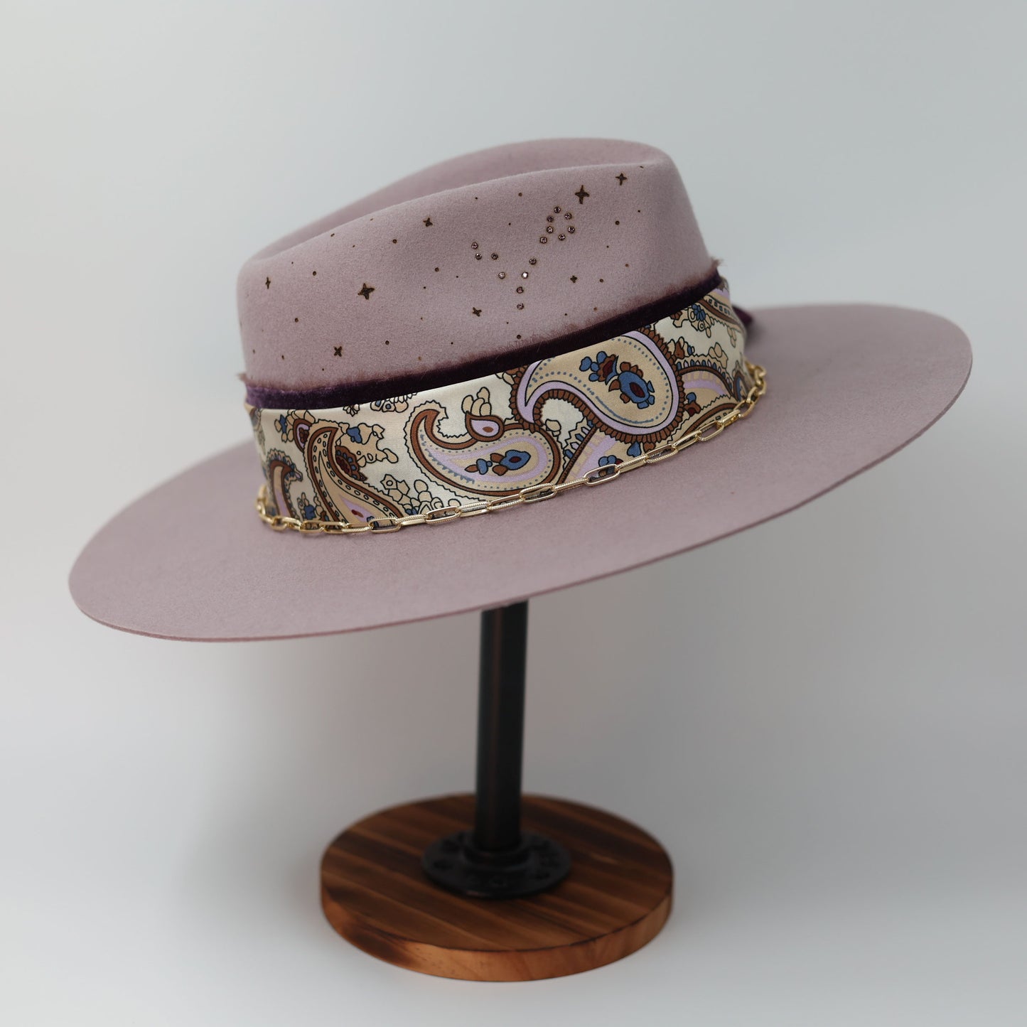 Handmade Pisces amethyst birthstone hat. A meaningful zodiac gift with western, one-of-a-kind style.