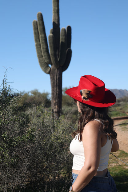 The Outlaw Spirit – Blaze Red Wool Fedora with Upcycled Obsidian Brooch Hat Pin
