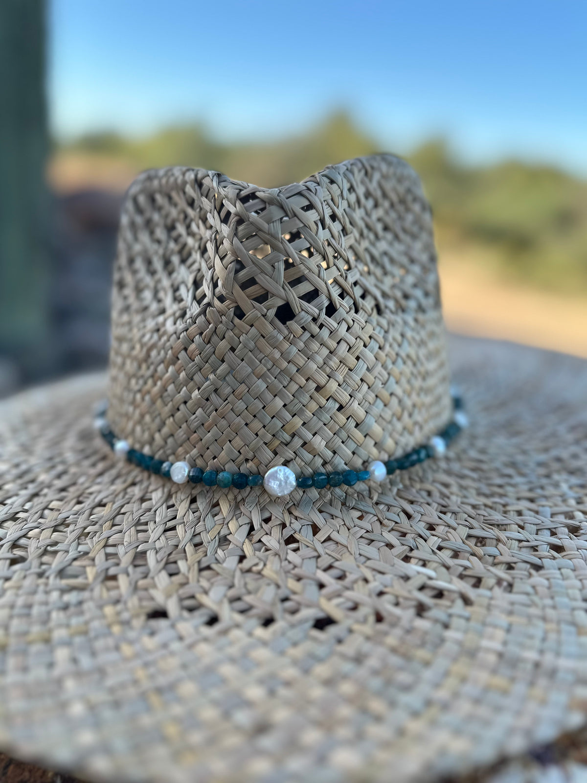 Blue Apatite and Freshwater Pearl Straw Rancher Hat