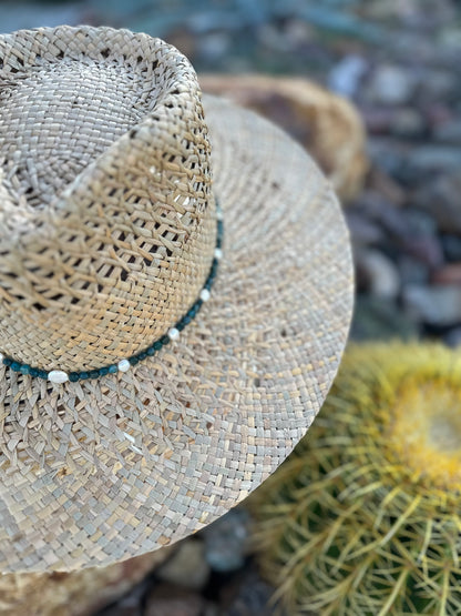 Blue Apatite and Freshwater Pearl Straw Rancher Hat