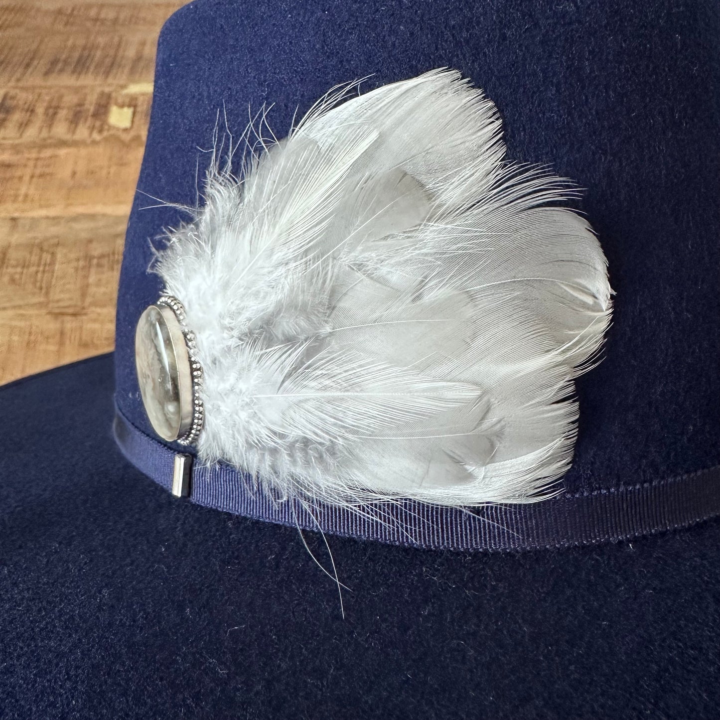 Navy Rancher with stone and feather hat pin