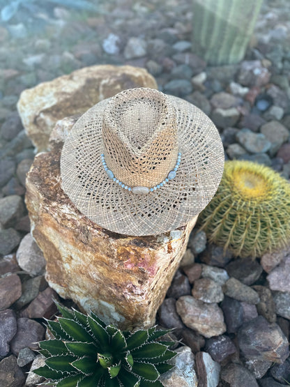 Blue Fire Agate and Jade Rondelle Straw Rancher Hat