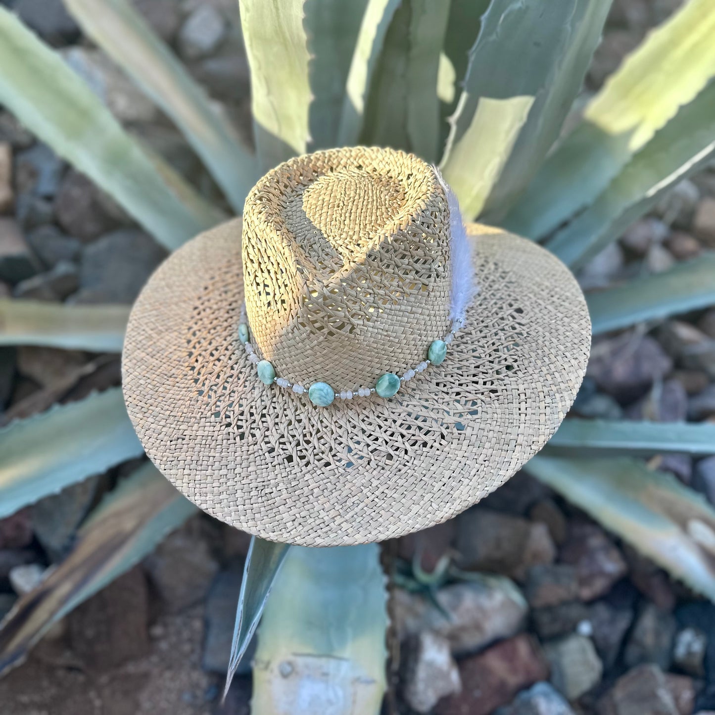 Green Angelite Gemstone Straw Cowboy Hat and Removable Feather Hat Pin