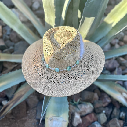 Green Angelite Gemstone Straw Cowboy Hat and Removable Feather Hat Pin