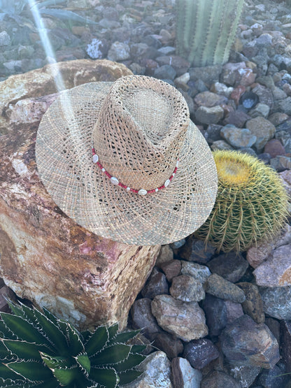 Red Coral and Freshwater Pearl Straw Rancher Hat