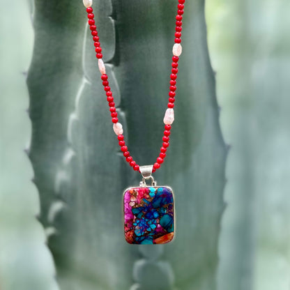 Pink Spiny Oyster Rectangle Pendant in Sterling Silver