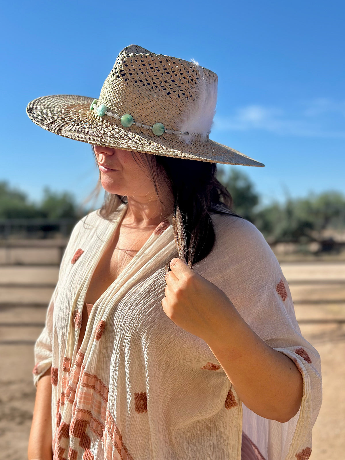 Green Angelite Gemstone Straw Cowboy Hat and Removable Feather Hat Pin