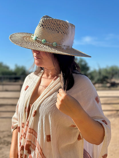 Green Angelite Gemstone Straw Cowboy Hat and Removable Feather Hat Pin