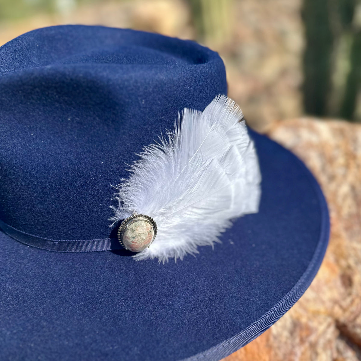 Navy Rancher Wool Hat and Stone Feather Hat Pin Western Cowboy Hat