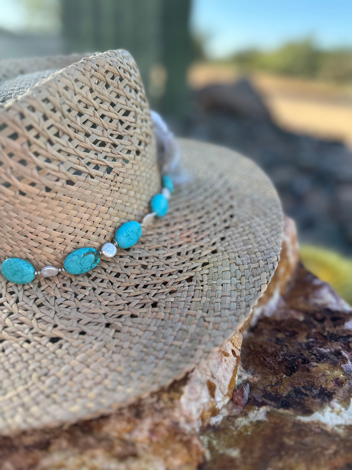 Turquoise and Pearl Straw Rancher Hat