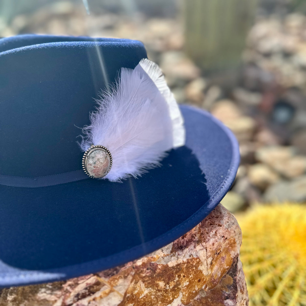 Navy Rancher Wool Hat and Stone Feather Hat Pin Western Cowboy Hat