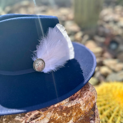 Navy Rancher Wool Hat and Stone Feather Hat Pin Western Cowboy Hat