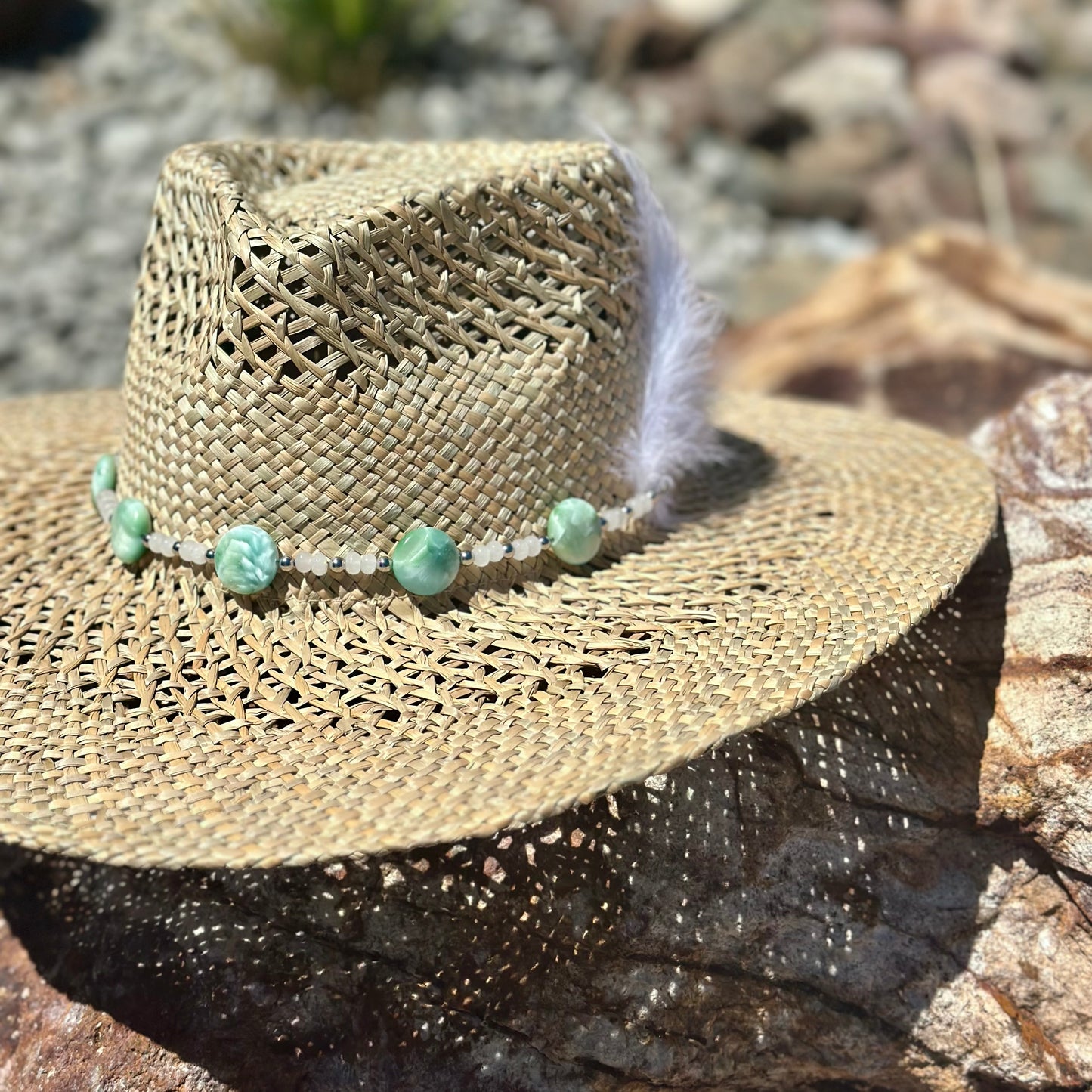 Green Angelite Gemstone Straw Cowboy Hat and Removable Feather Hat Pin