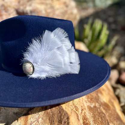 Navy Rancher Wool Hat and Stone Feather Hat Pin Western Cowboy Hat
