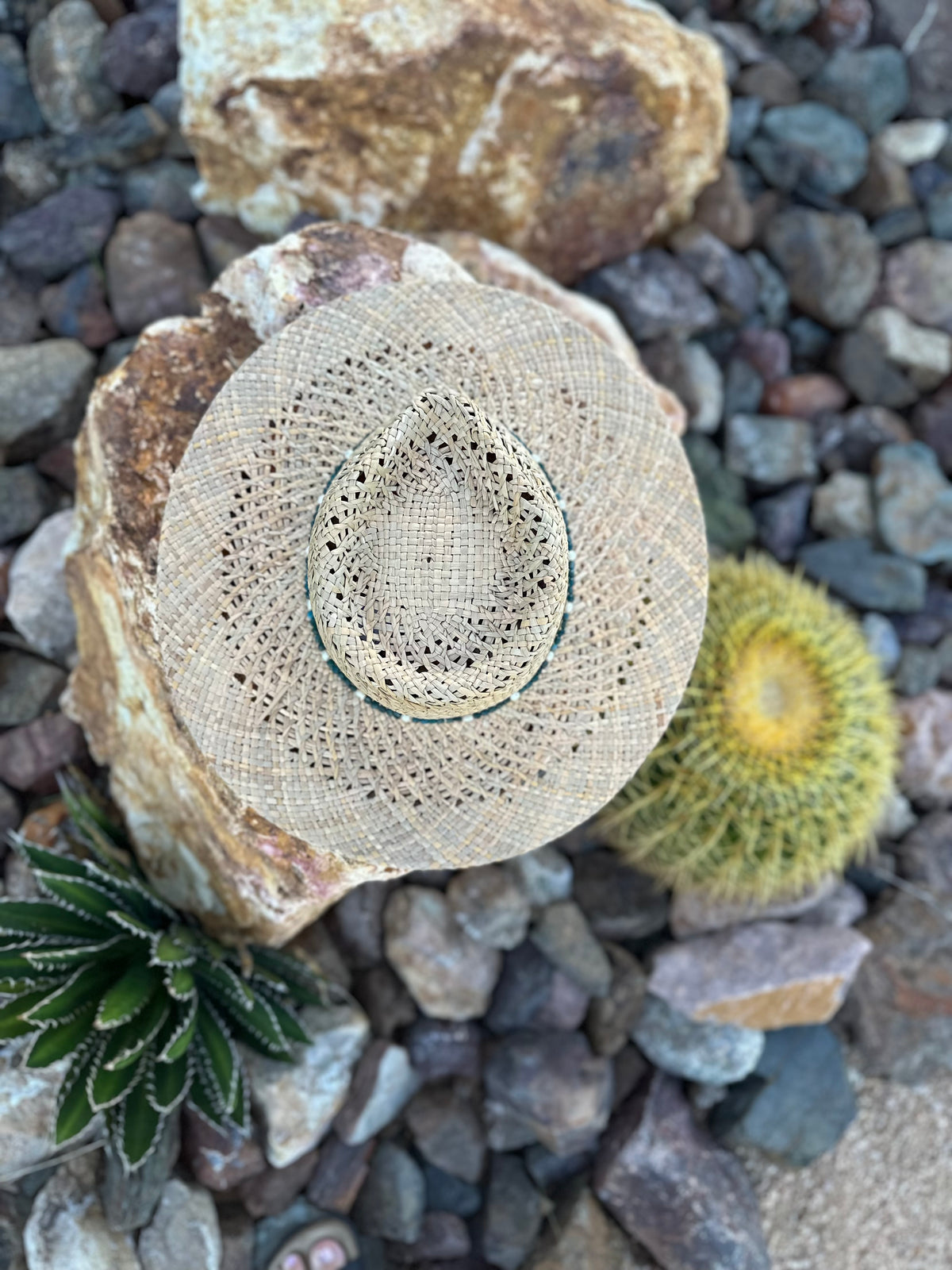 Blue Apatite and Freshwater Pearl Straw Rancher Hat