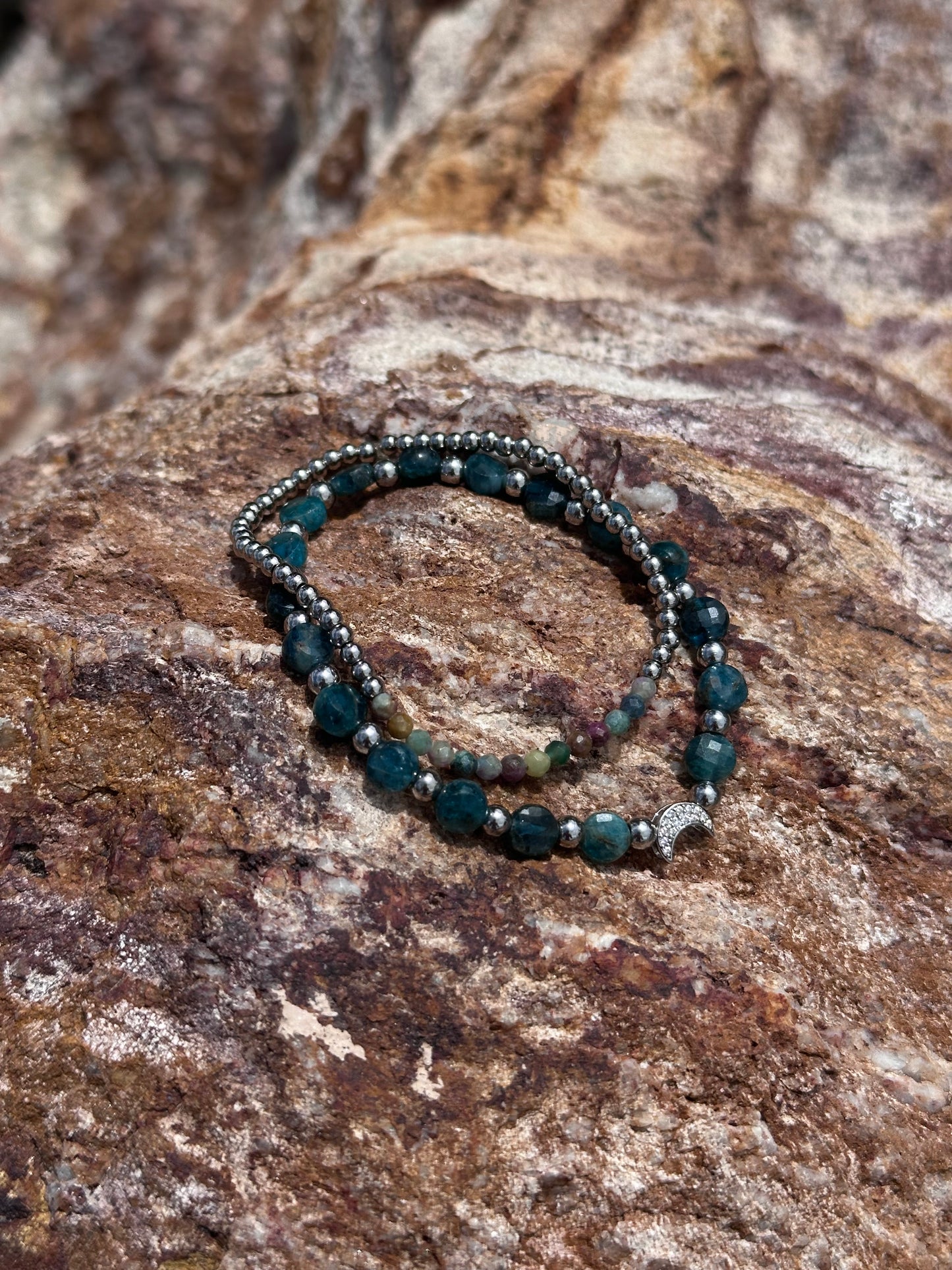 Pave moon, Apatite and Ruby green Bead Bracelet Western Boho Jewelry