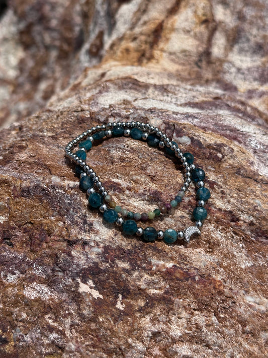 Pave moon, Apatite and Ruby green Bead Bracelet Western Boho Jewelry
