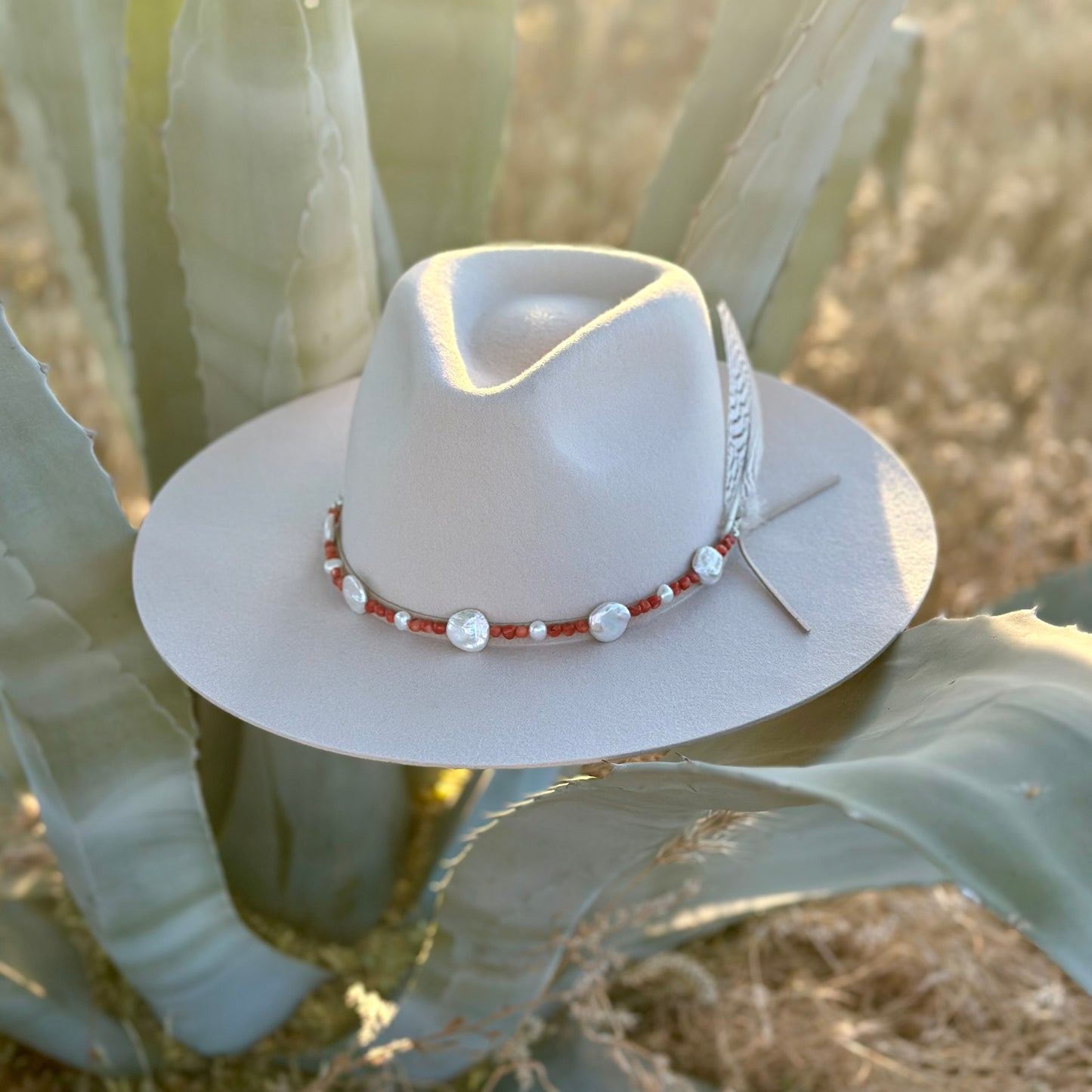 White Freshwater Pearl and Red Coral Hat Band
