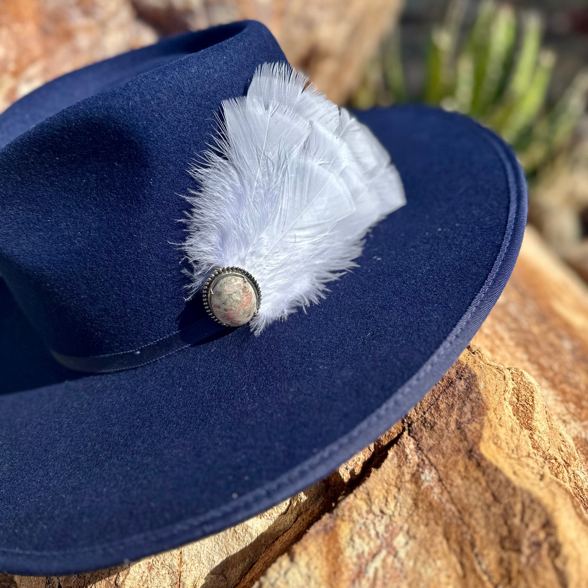 Navy Rancher Wool Hat and Stone Feather Hat Pin Western Cowboy Hat