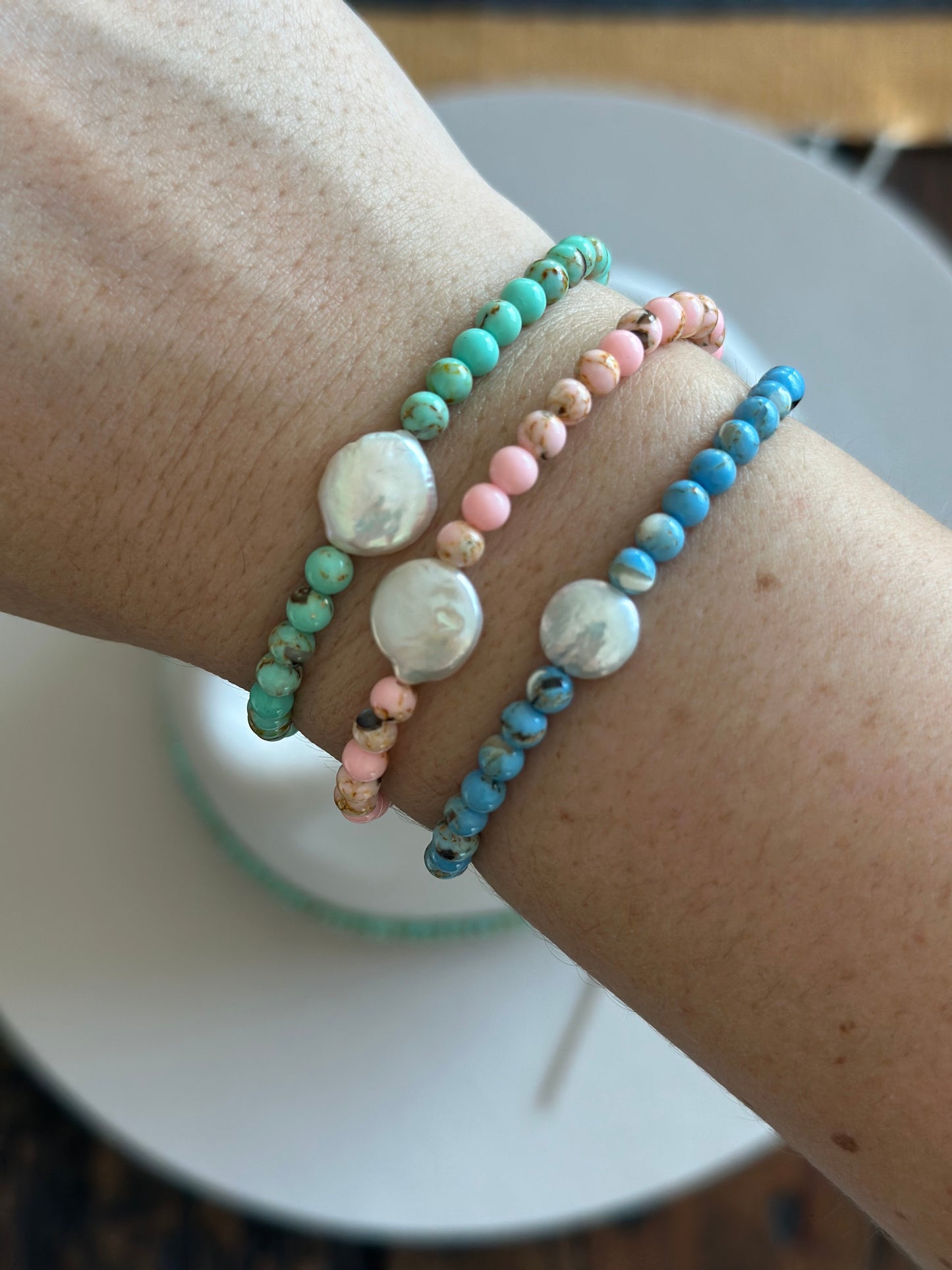 Manmade Turquoise and Freshwater Pearl Bracelets