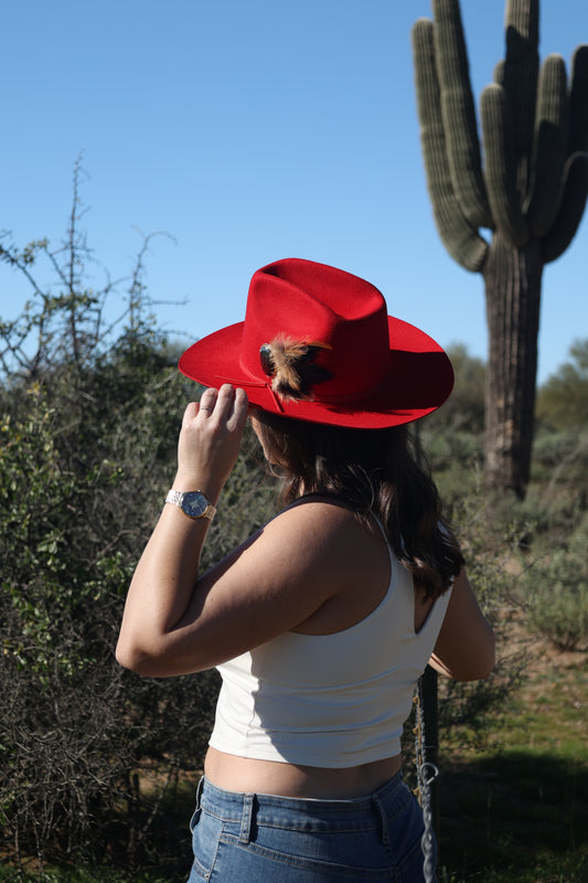 Red Wool Cattleman Cowboy Hat with Black Obsidian Brooch Hat Pin
