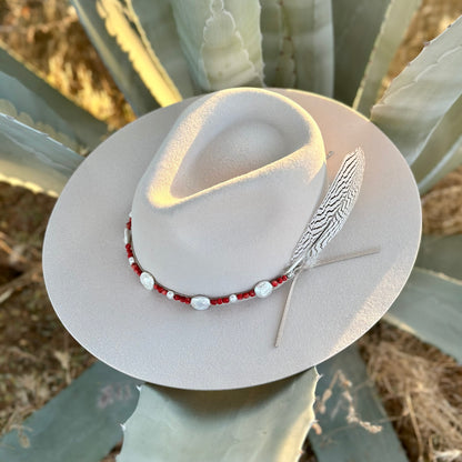 White Freshwater Pearl and Red Coral Hat Band