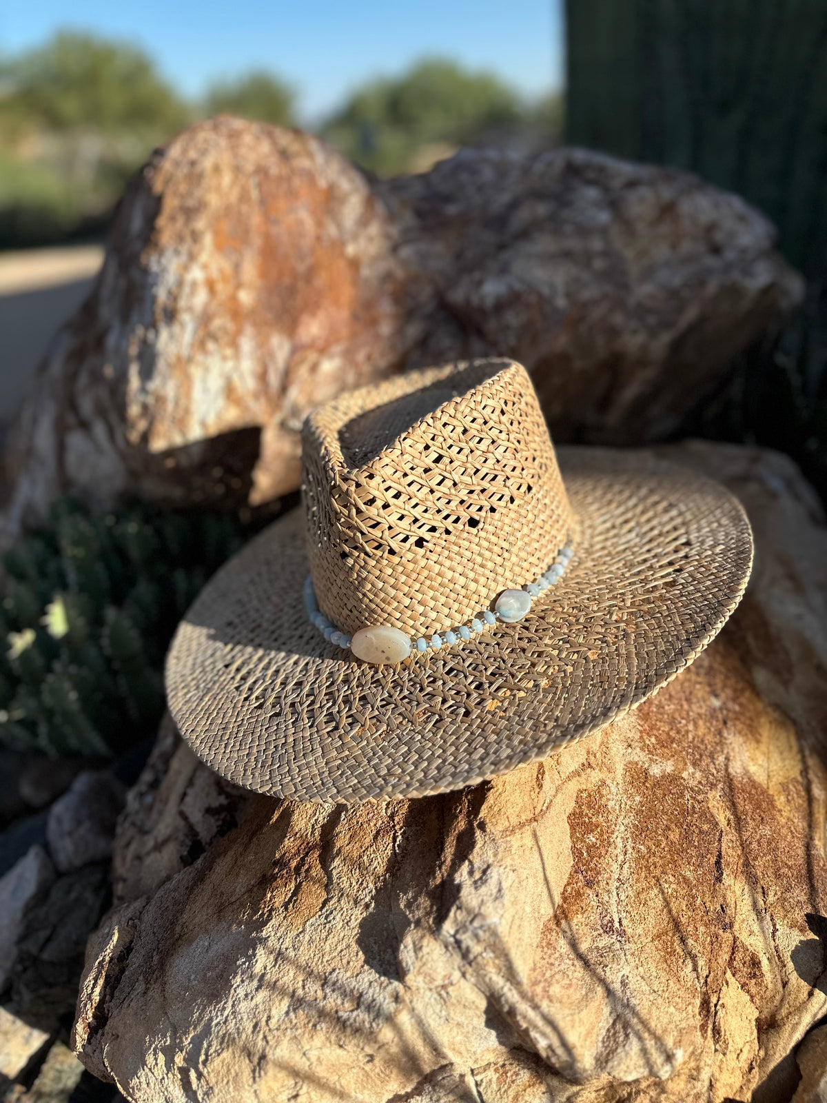 Blue Fire Agate and Jade Rondelle Straw Rancher Hat