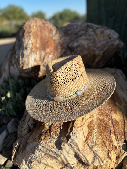 Blue Fire Agate and Jade Rondelle Straw Rancher Hat