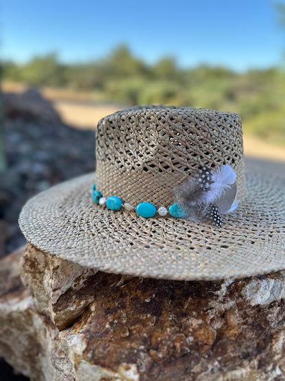 Turquoise and Pearl Straw Rancher Hat