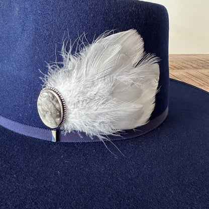 Navy Rancher with stone and feather hat pin