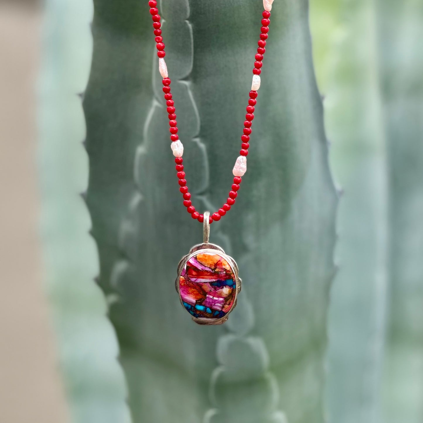 Pink Spiny Oyster Turquoise Oval Pendant in Sterling Silver