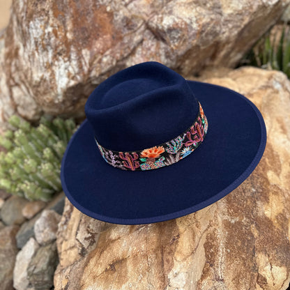 Blue Embroidered Desert Bloom Wool Hat