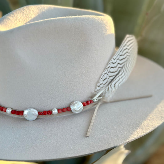 White Freshwater Pearl and Red Coral Hat Band