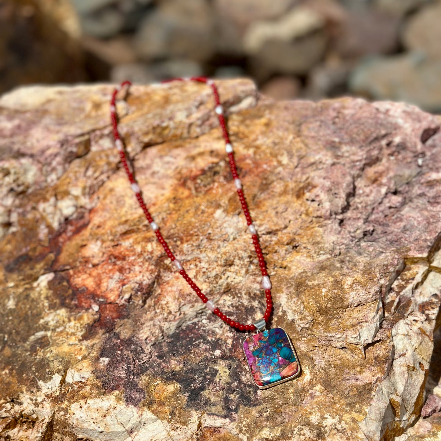 Pink Spiny Oyster Rectangle Pendant in Sterling Silver