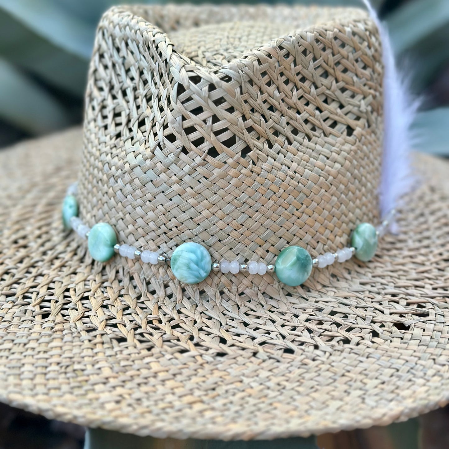 Green Angelite Gemstone Straw Cowboy Hat and Removable Feather Hat Pin