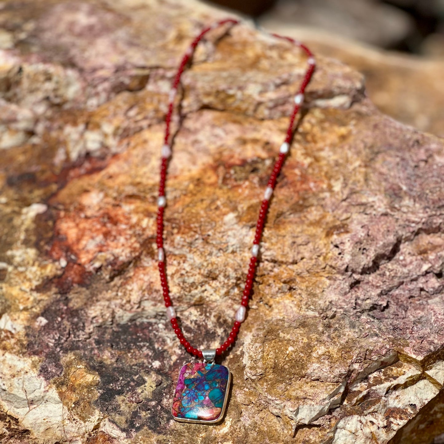 Pink Spiny Oyster Rectangle Pendant in Sterling Silver