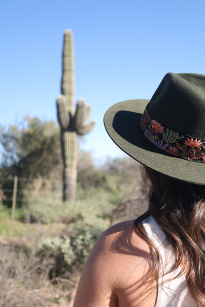 Green Embroidered Desert Bloom Wool Hat