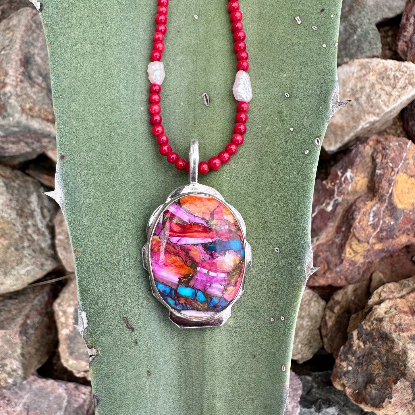 Pink Spiny Oyster Turquoise Oval Pendant in Sterling Silver