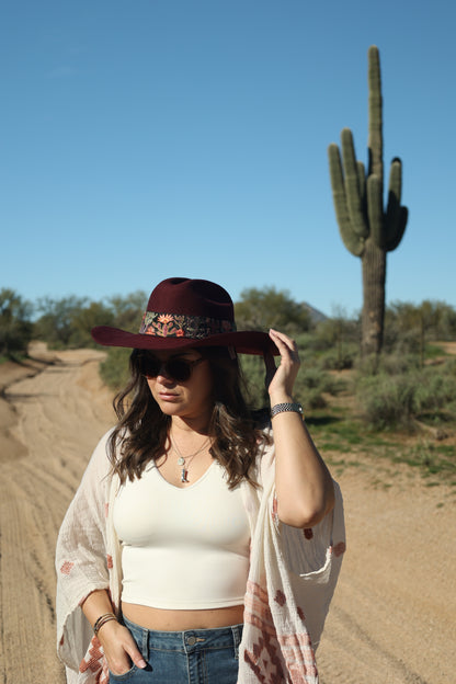 Burgundy Embroidered Desert Bloom Wool Hat