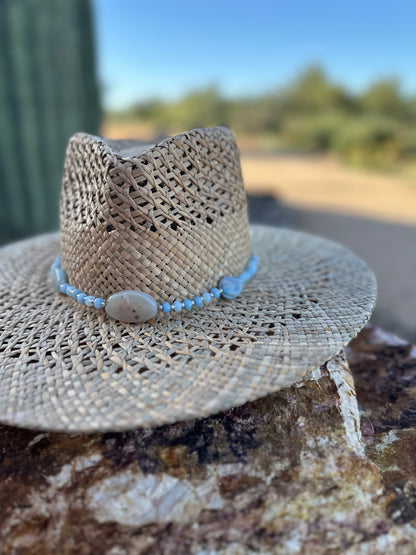 Blue Fire Agate and Jade Rondelle Straw Rancher Hat