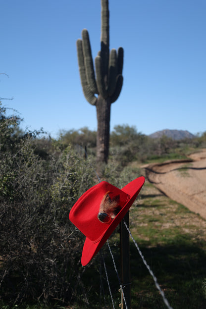 The Outlaw Spirit – Blaze Red Wool Fedora with Upcycled Obsidian Brooch Hat Pin