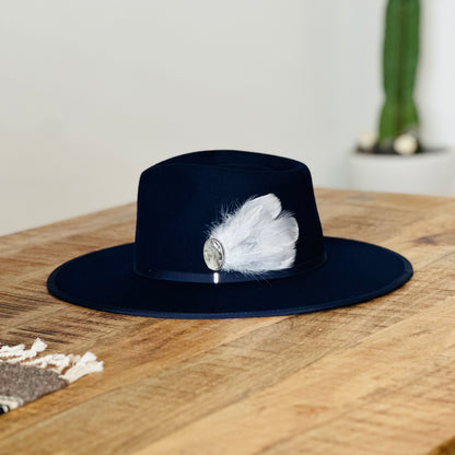 Navy Rancher with stone and feather hat pin
