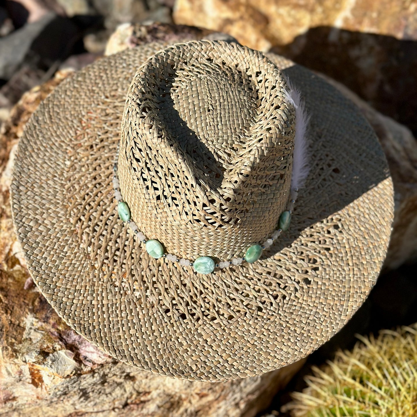 Green Angelite Gemstone Straw Cowboy Hat and Removable Feather Hat Pin