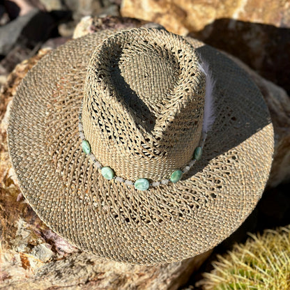 Green Angelite Gemstone Straw Cowboy Hat and Removable Feather Hat Pin