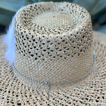 Green Angelite Gemstone Straw Cowboy Hat and Removable Feather Hat Pin