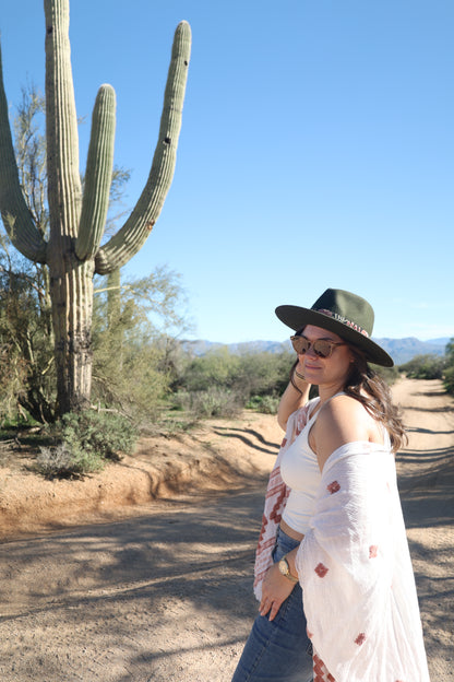 Green Embroidered Desert Bloom Wool Hat